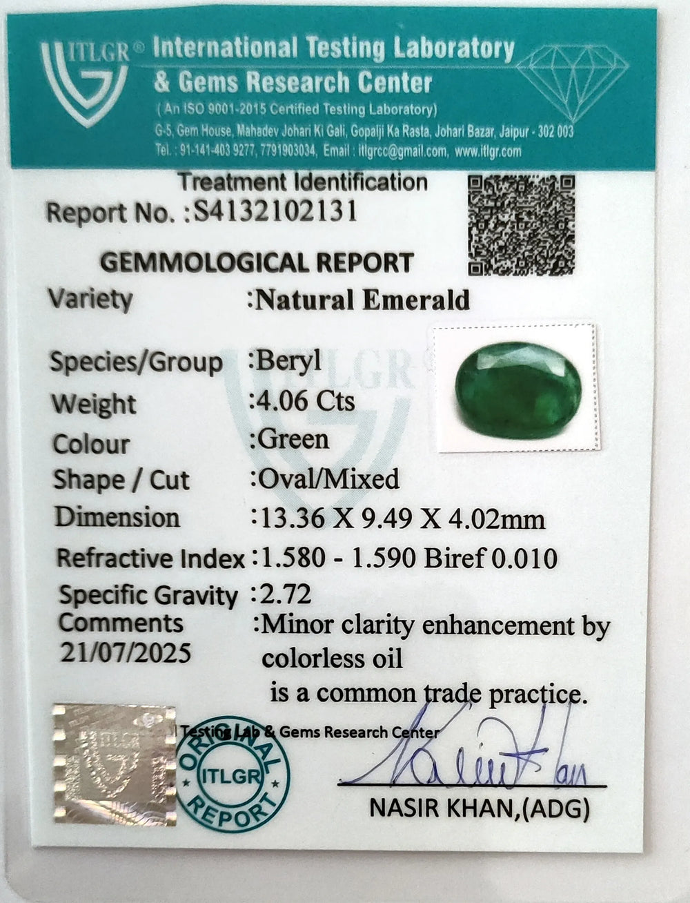 Zambian Emerald (Panna) 4.06 Carat / 4.52 Ratti, Minor Oil – ITLGR certificate no. 102131