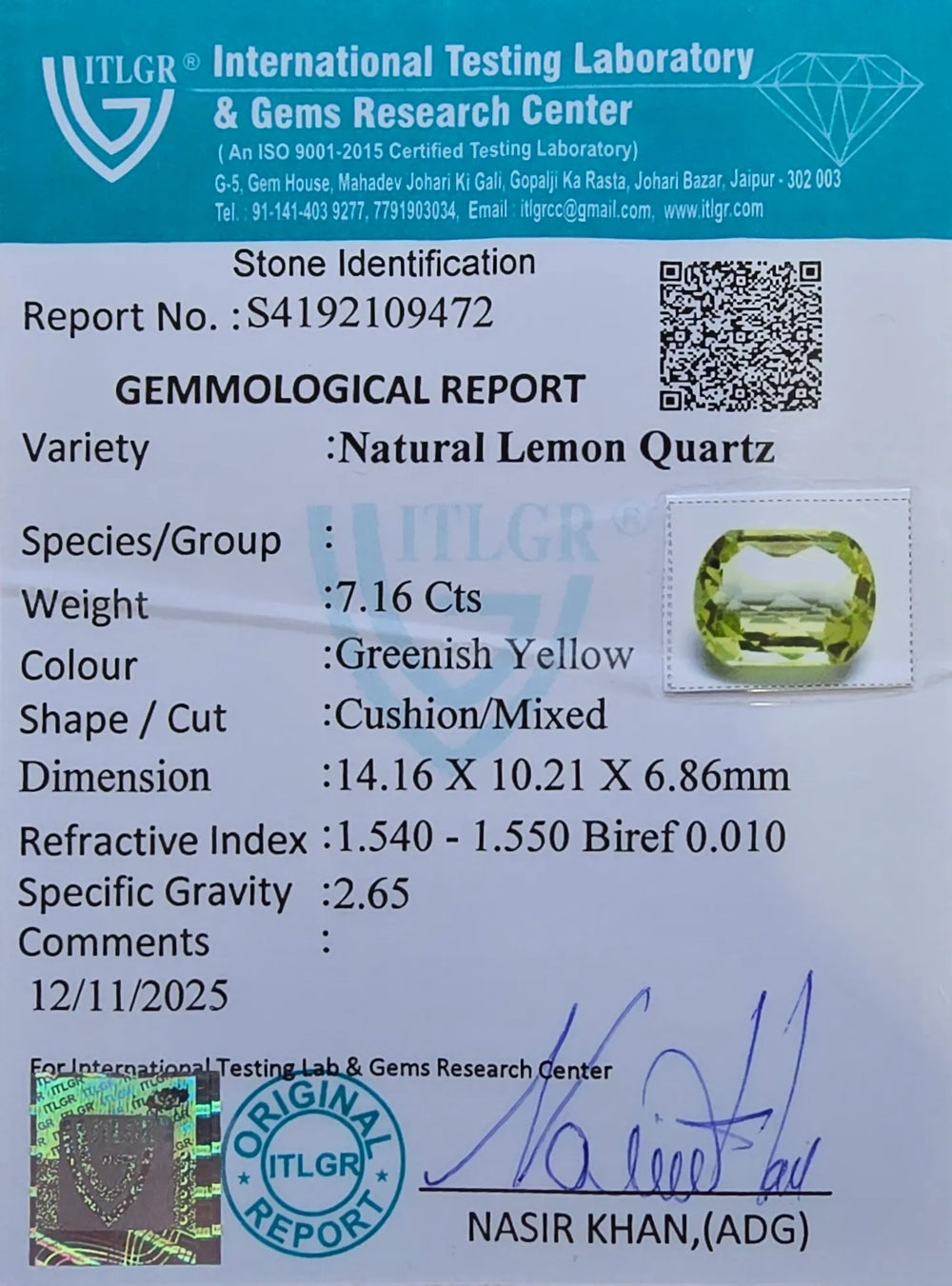 Brazilian Citrine 7.16 Carat / 7.96 Ratti, Unheated and Untreated – No indications of treatment observed – ITLGR certificate no. 109472