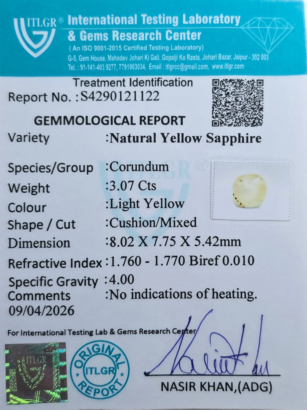 Yellow Sapphire (Pukhraj) 3.07 Carat / 3.42 Ratti, Unheated and Untreated – No indications of treatment observed – ITLGR certificate no. 121122