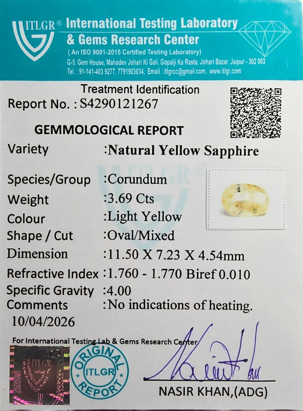 Sri Lankan Yellow Sapphire (Pukhraj) 3.69 Carat / 4.1 Ratti, Unheated and Untreated – No indications of treatment observed – ITLGR certificate no. 121