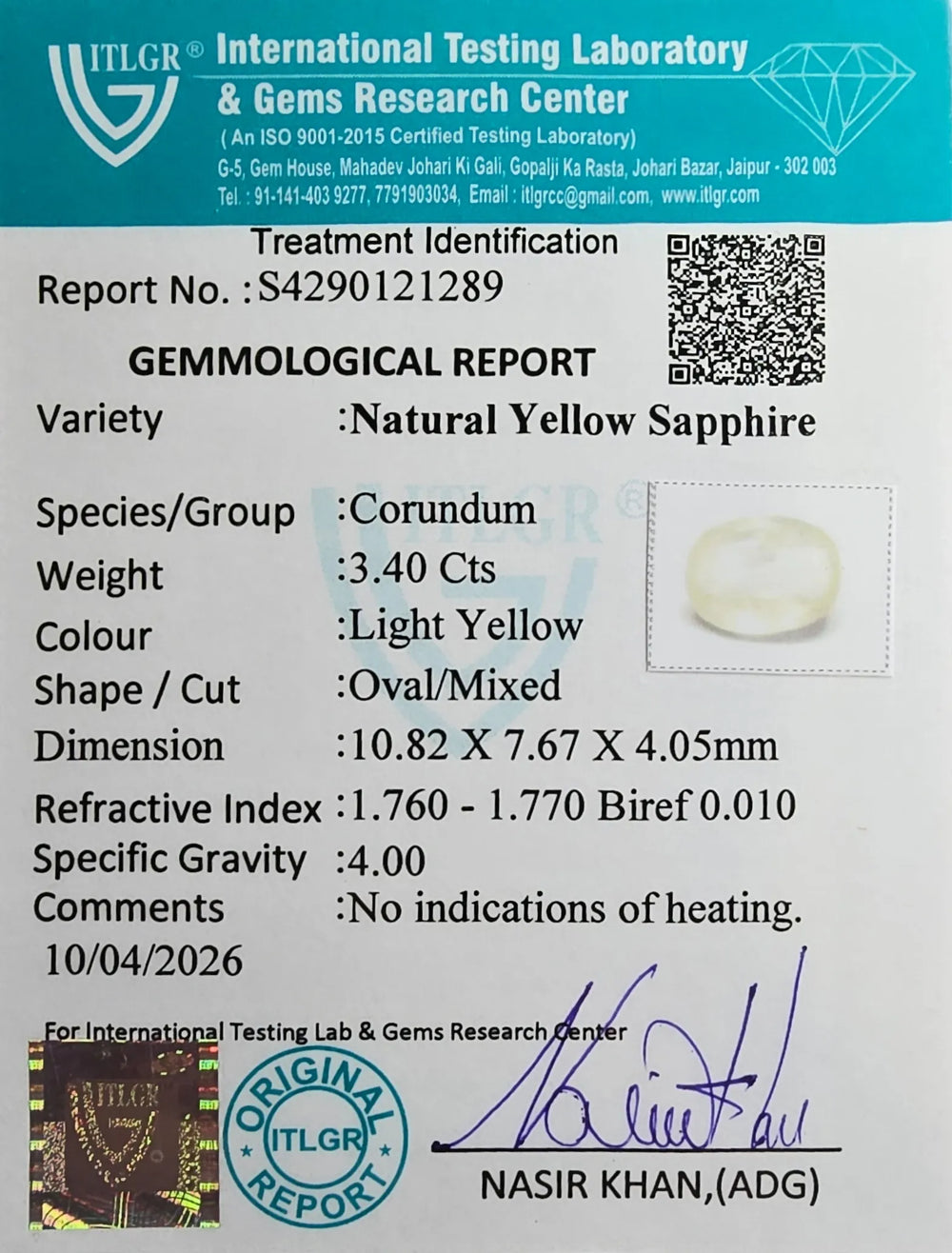 Sri Lankan Yellow Sapphire (Pukhraj) 3.4 Carat / 3.78 Ratti, Unheated and Untreated – No indications of treatment observed – ITLGR certificate no. 121