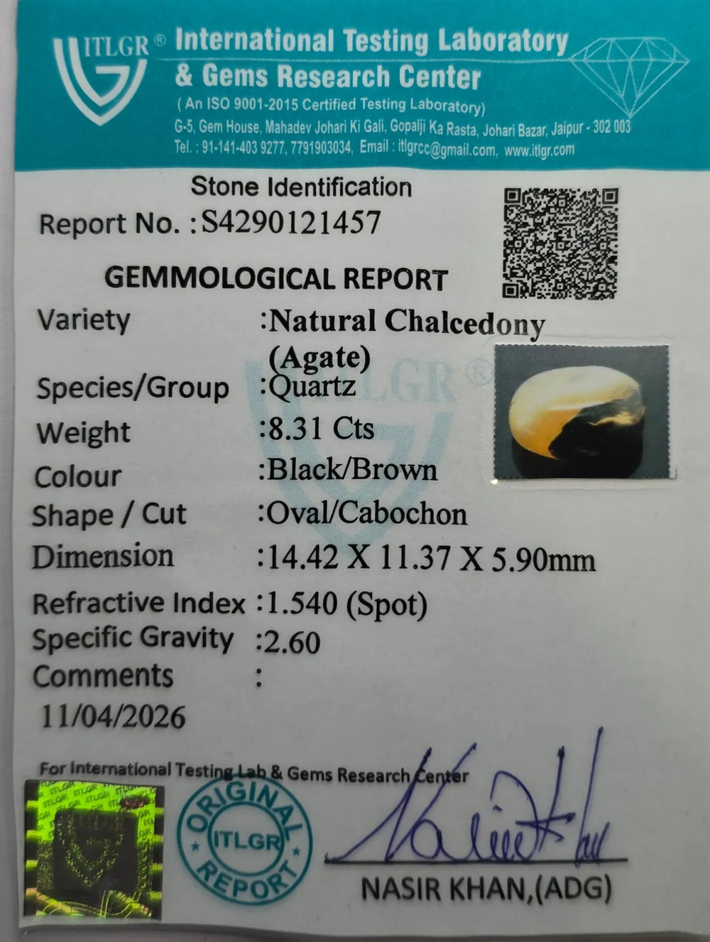 Indian Agate 8.31 Carat / 9.24 Ratti, Unheated and Untreated – No indications of treatment observed – ITLGR certificate no. 121457