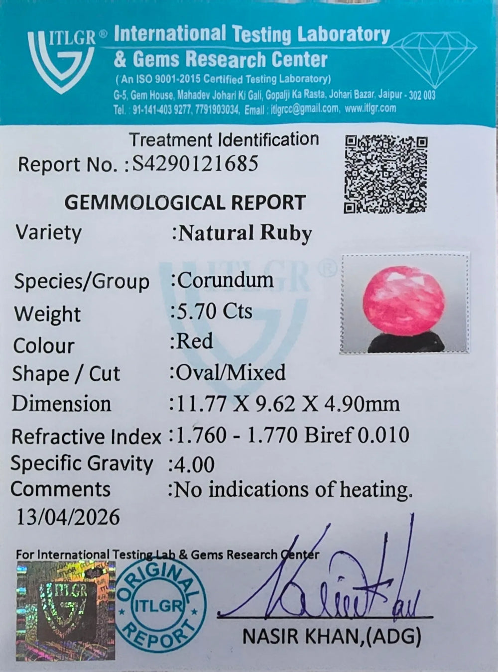 Mozambique Ruby (Manik) 5.7 Carat / 6.34 Ratti, Unheated and Untreated – No indications of treatment observed – ITLGR certificate no. 121685