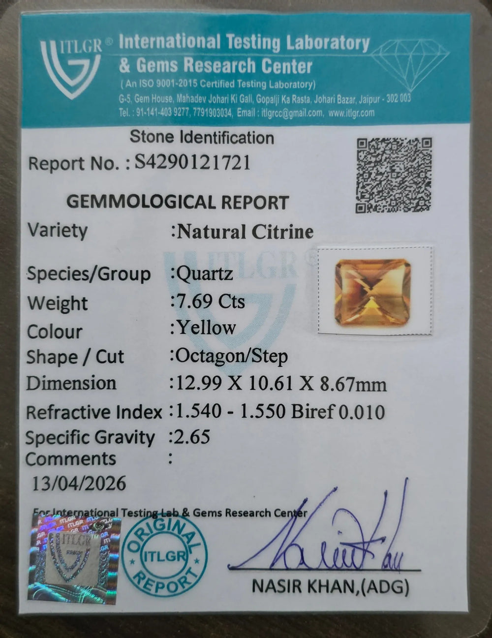 Brazilian Citrine 7.69 Carat / 8.55 Ratti, Unheated and Untreated – No indications of treatment observed – ITLGR certificate no. 121721