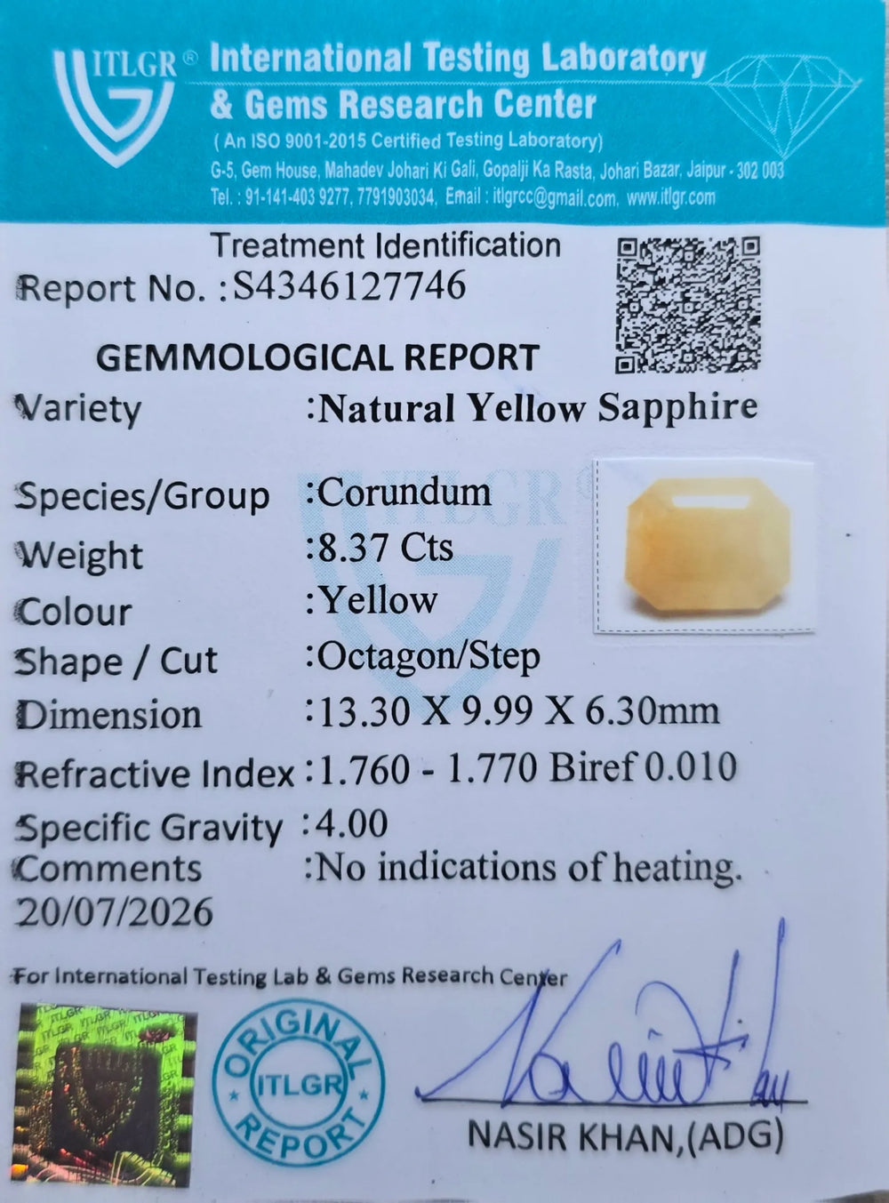 Burmese Yellow Sapphire (Pukhraj) 8.37 Carat / 9.3 Ratti, Unheated and Untreated – No indications of treatment observed – ITLGR certificate no. 127746