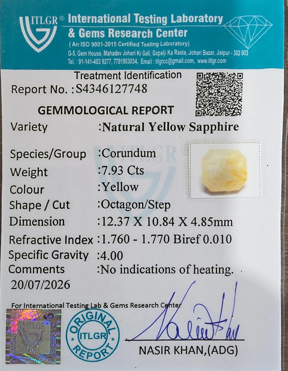 Sri Lankan Yellow Sapphire (Pukhraj) 7.93 Carat / 8.82 Ratti, Unheated and Untreated – No indications of treatment observed – ITLGR certificate no. 12