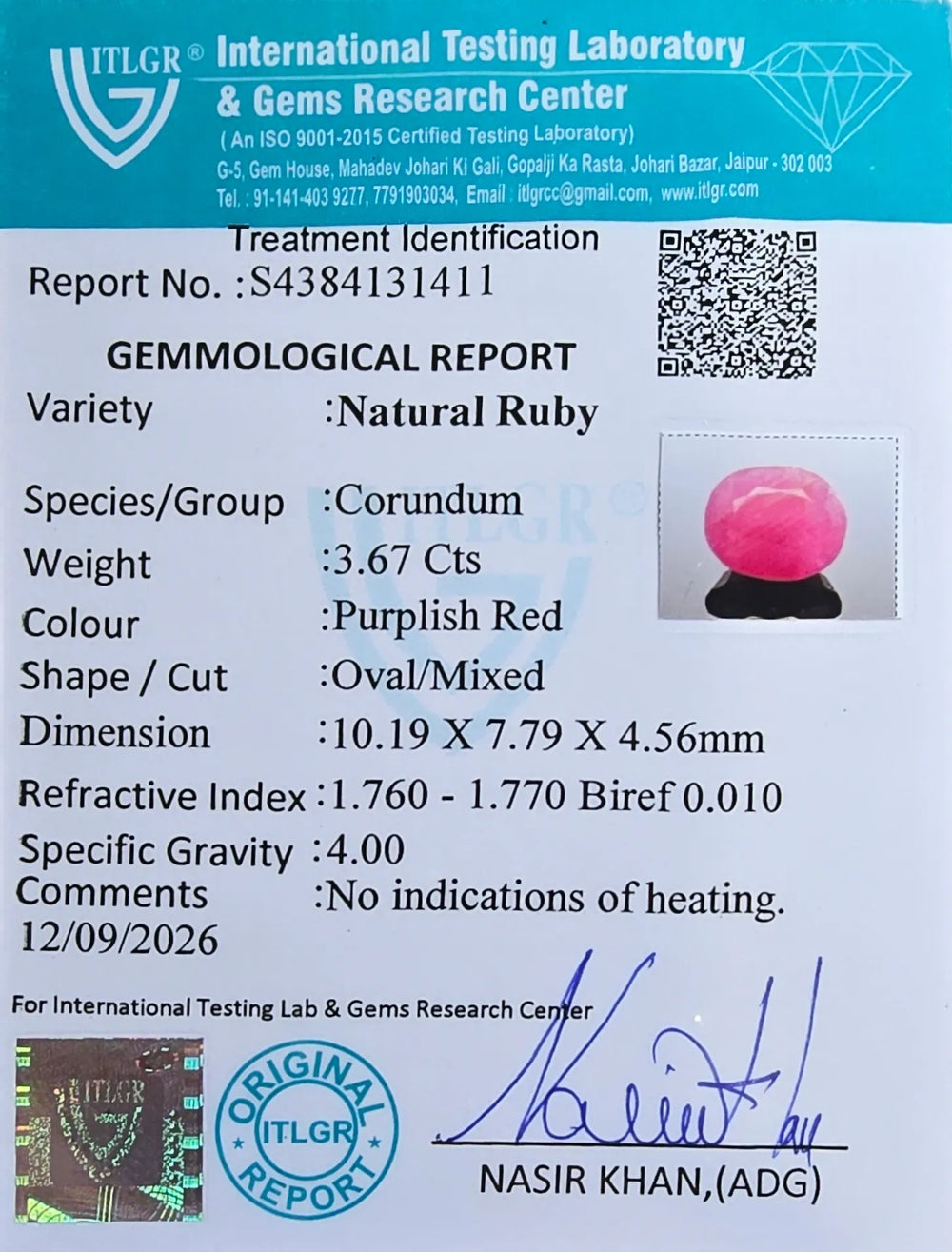 African Ruby (Manik) 3.67 Carat / 4.08 Ratti, Unheated and Untreated – No indications of treatment observed – ITLGR certificate no. 131411
