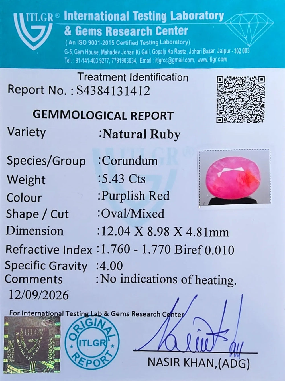 African Ruby (Manik) 5.43 Carat / 6.04 Ratti, Unheated and Untreated – No indications of treatment observed – ITLGR certificate no. 131412