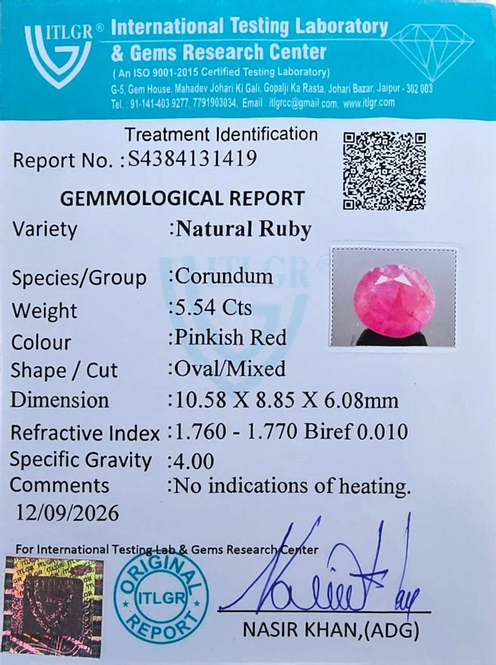 African Ruby (Manik) 5.54 Carat / 6.16 Ratti, Unheated and Untreated – No indications of treatment observed – ITLGR certificate no. 131419