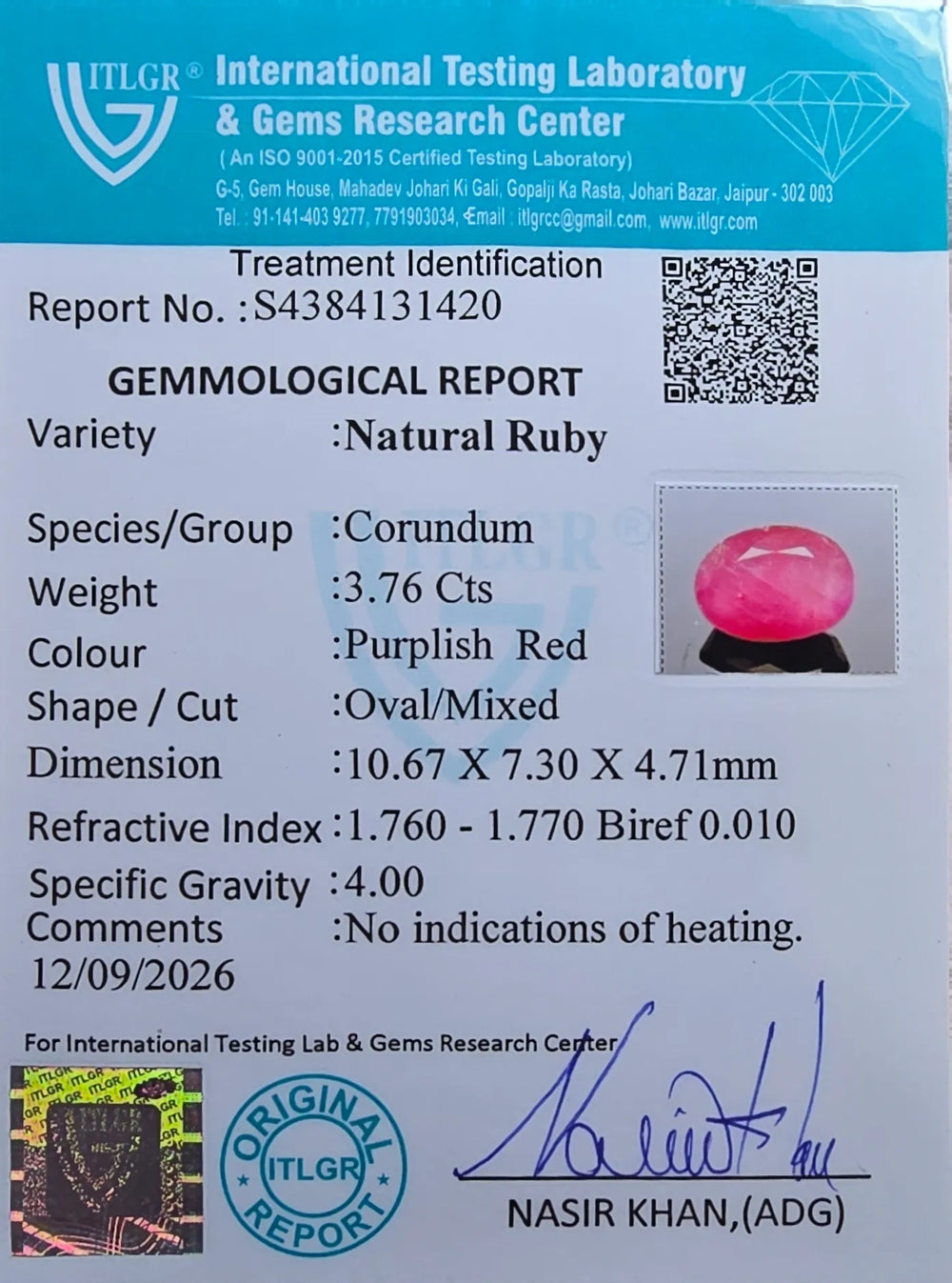 African Ruby (Manik) 3.76 Carat / 4.18 Ratti, Unheated and Untreated – No indications of treatment observed – ITLGR certificate no. 131420
