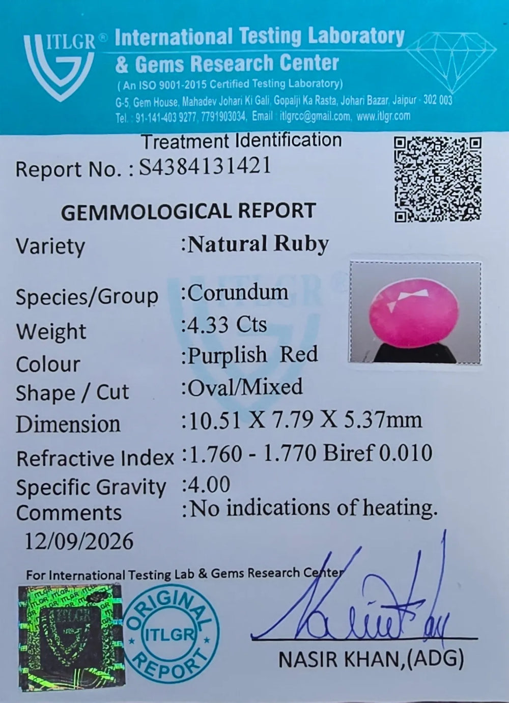 African Ruby (Manik) 4.33 Carat / 4.82 Ratti, Unheated and Untreated – No indications of treatment observed – ITLGR certificate no. 131421