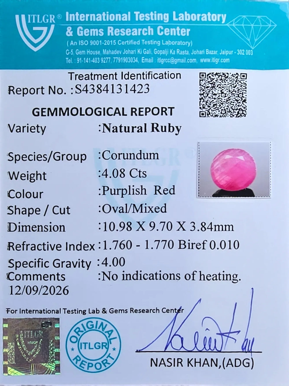African Ruby (Manik) 4.08 Carat / 4.54 Ratti, Unheated and Untreated – No indications of treatment observed – ITLGR certificate no. 131423