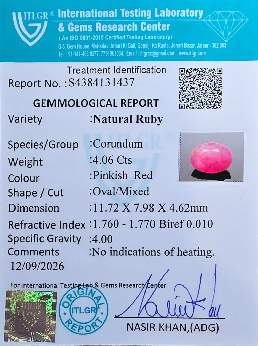African Ruby (Manik) 4.06 Carat / 4.52 Ratti, Unheated and Untreated – No indications of treatment observed – ITLGR certificate no. 131437