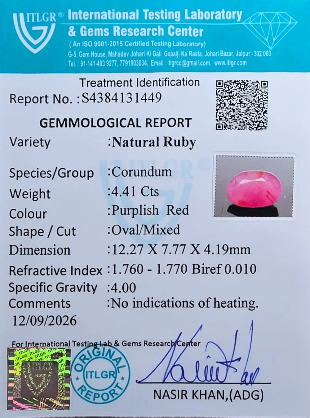 African Ruby (Manik) 4.41 Carat / 4.9 Ratti, Unheated and Untreated – No indications of treatment observed – ITLGR certificate no. 131449