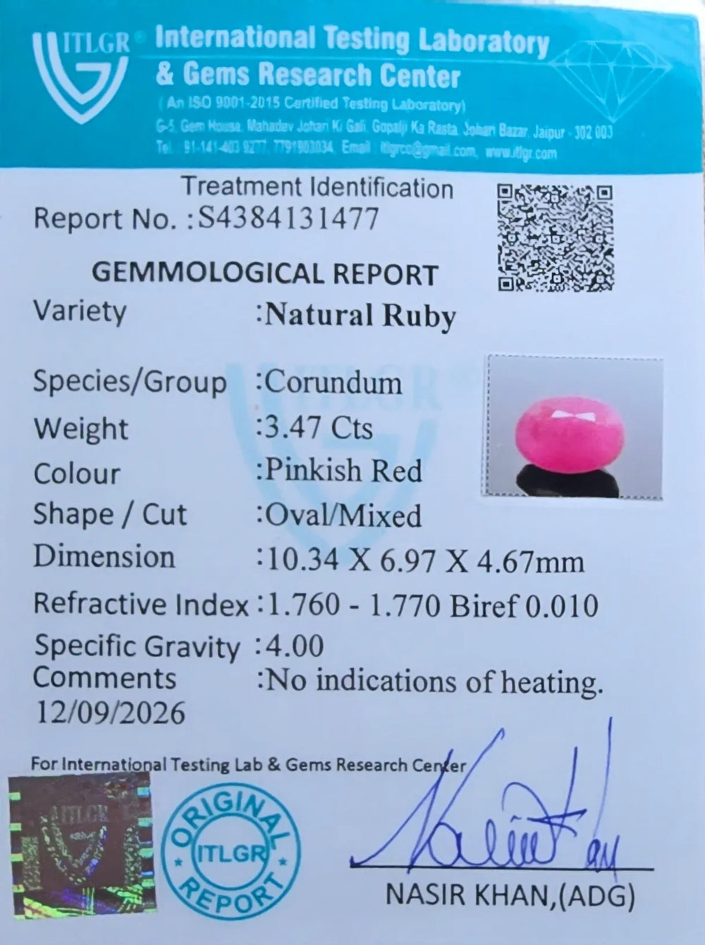 African Ruby (Manik) 3.47 Carat / 3.86 Ratti, Unheated and Untreated – No indications of treatment observed – ITLGR certificate no. 131477