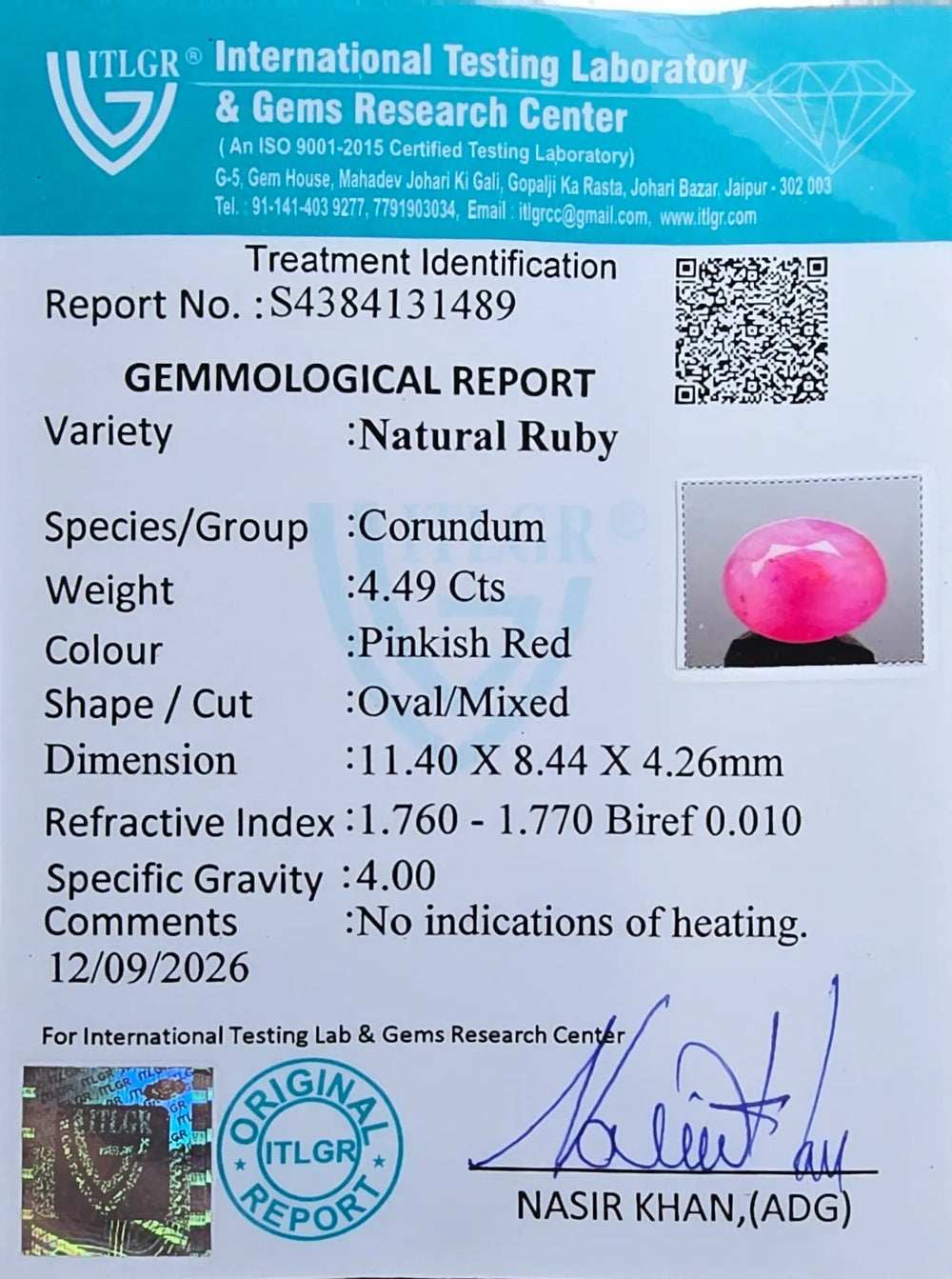 African Ruby (Manik) 4.49 Carat / 4.99 Ratti, Unheated and Untreated – No indications of treatment observed – ITLGR certificate no. 131489