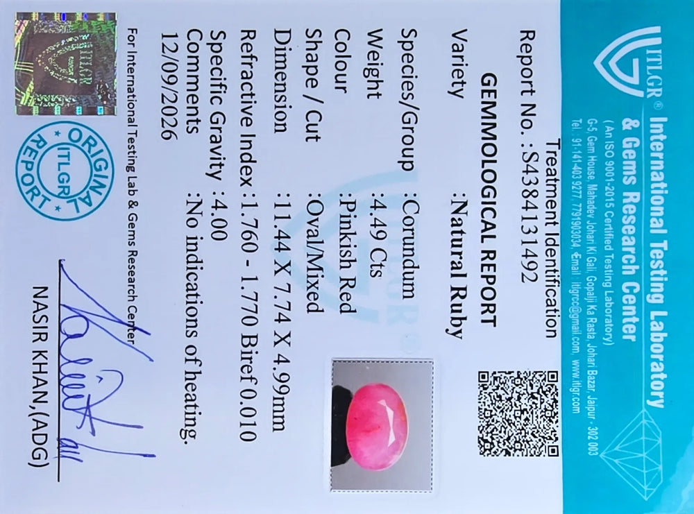 African Ruby (Manik) 4.49 Carat / 4.99 Ratti, Unheated and Untreated – No indications of treatment observed – ITLGR certificate no. 131492