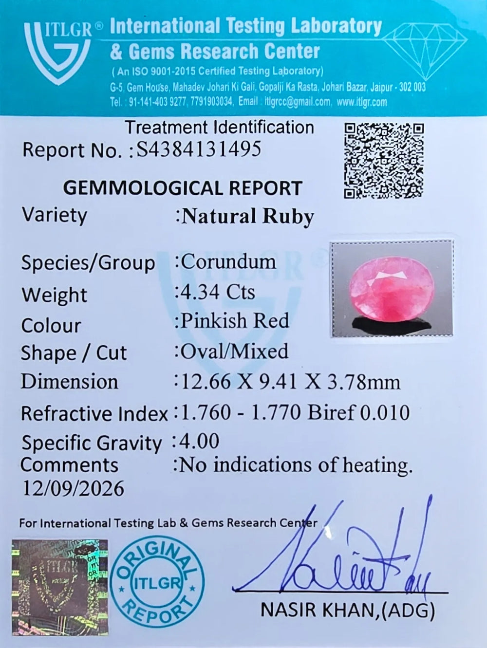 African Ruby (Manik) 4.34 Carat / 4.83 Ratti, Unheated and Untreated – No indications of treatment observed – ITLGR certificate no. 131495