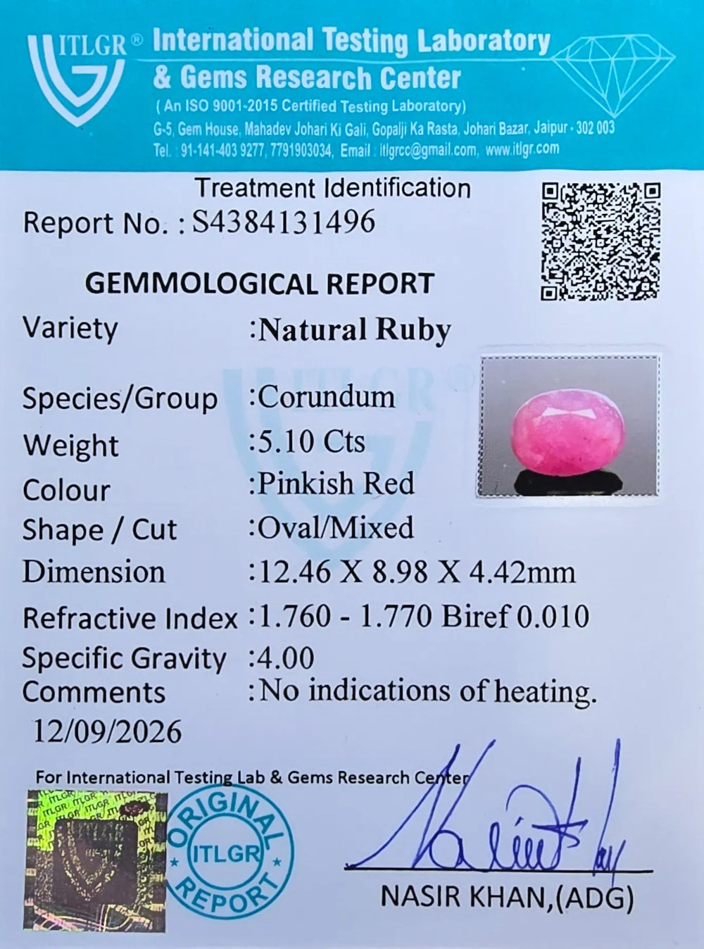 African Ruby (Manik) 5.1 Carat / 5.67 Ratti, Unheated and Untreated – No indications of treatment observed – ITLGR certificate no. 131496
