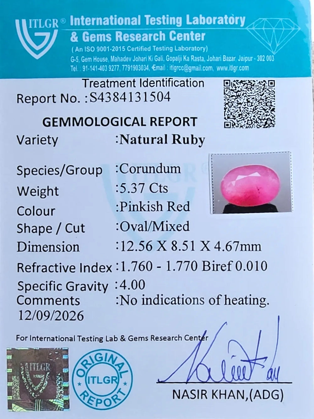African Ruby (Manik) 5.37 Carat / 5.97 Ratti, Unheated and Untreated – No indications of treatment observed – ITLGR certificate no. 131504