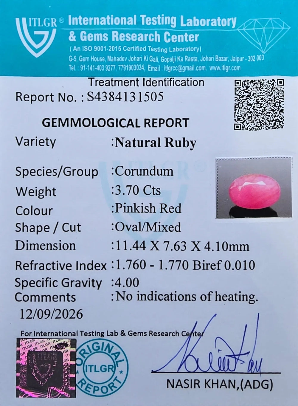African Ruby (Manik) 3.7 Carat / 4.12 Ratti, Unheated and Untreated – No indications of treatment observed – ITLGR certificate no. 131505