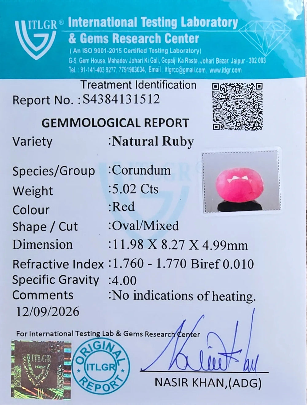 African Ruby (Manik) 5.02 Carat / 5.58 Ratti, Unheated and Untreated – No indications of treatment observed – ITLGR certificate no. 131512