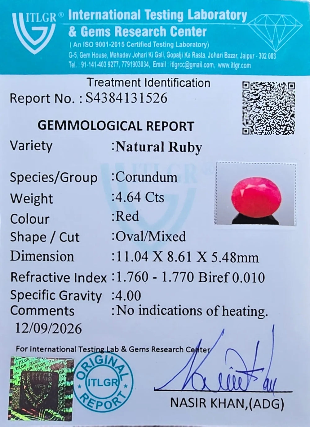African Ruby (Manik) 4.64 Carat / 5.16 Ratti, Unheated and Untreated – No indications of treatment observed – ITLGR certificate no. 131526