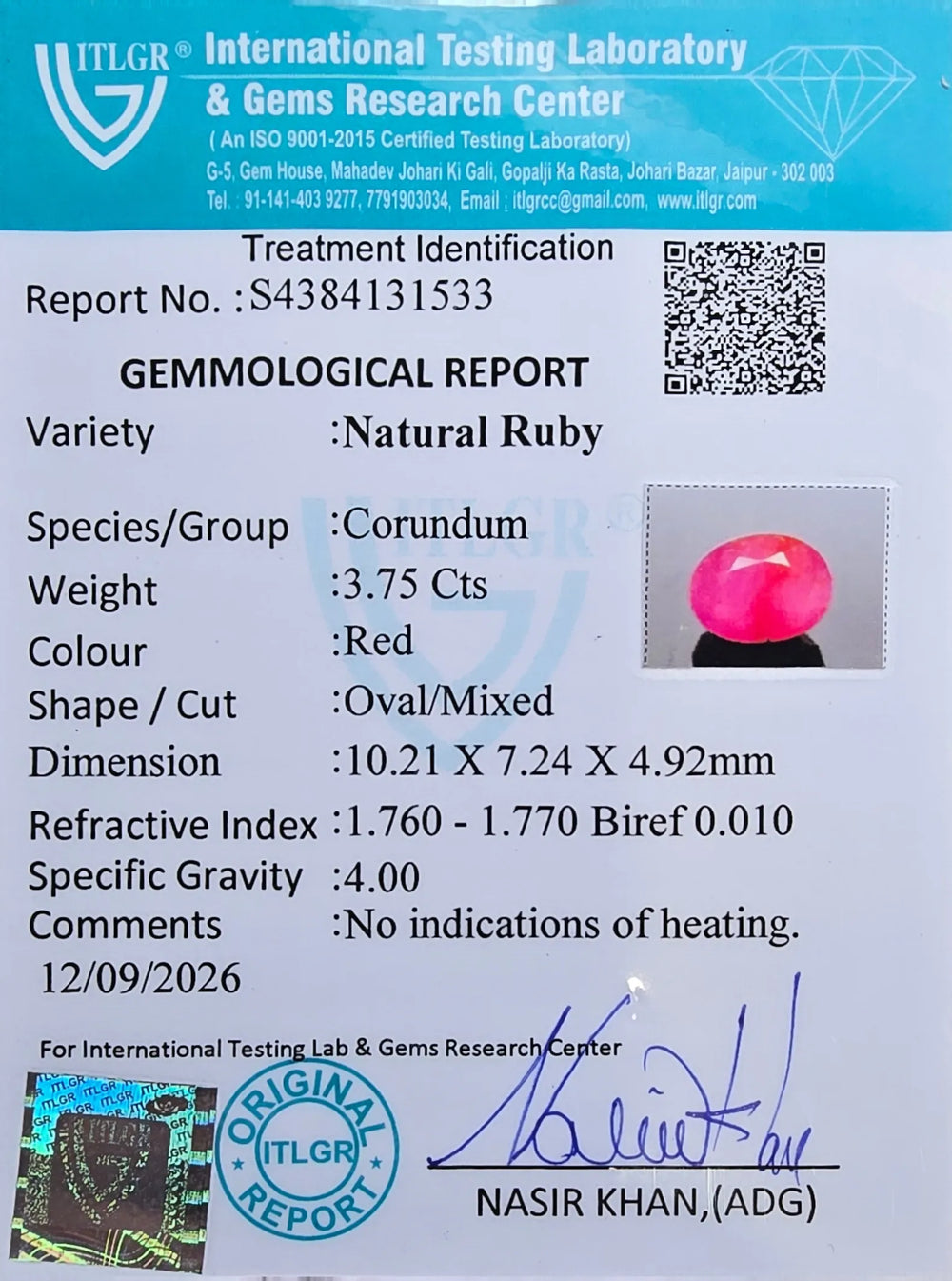 African Ruby (Manik) 3.75 Carat / 4.17 Ratti, Unheated and Untreated – No indications of treatment observed – ITLGR certificate no. 131533