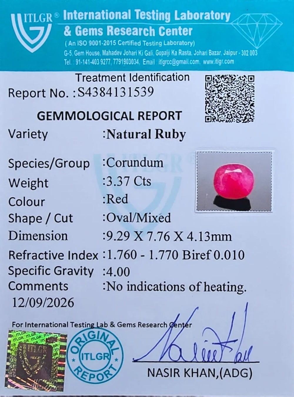 African Ruby (Manik) 3.37 Carat / 3.75 Ratti, Unheated and Untreated – No indications of treatment observed – ITLGR certificate no. 131539