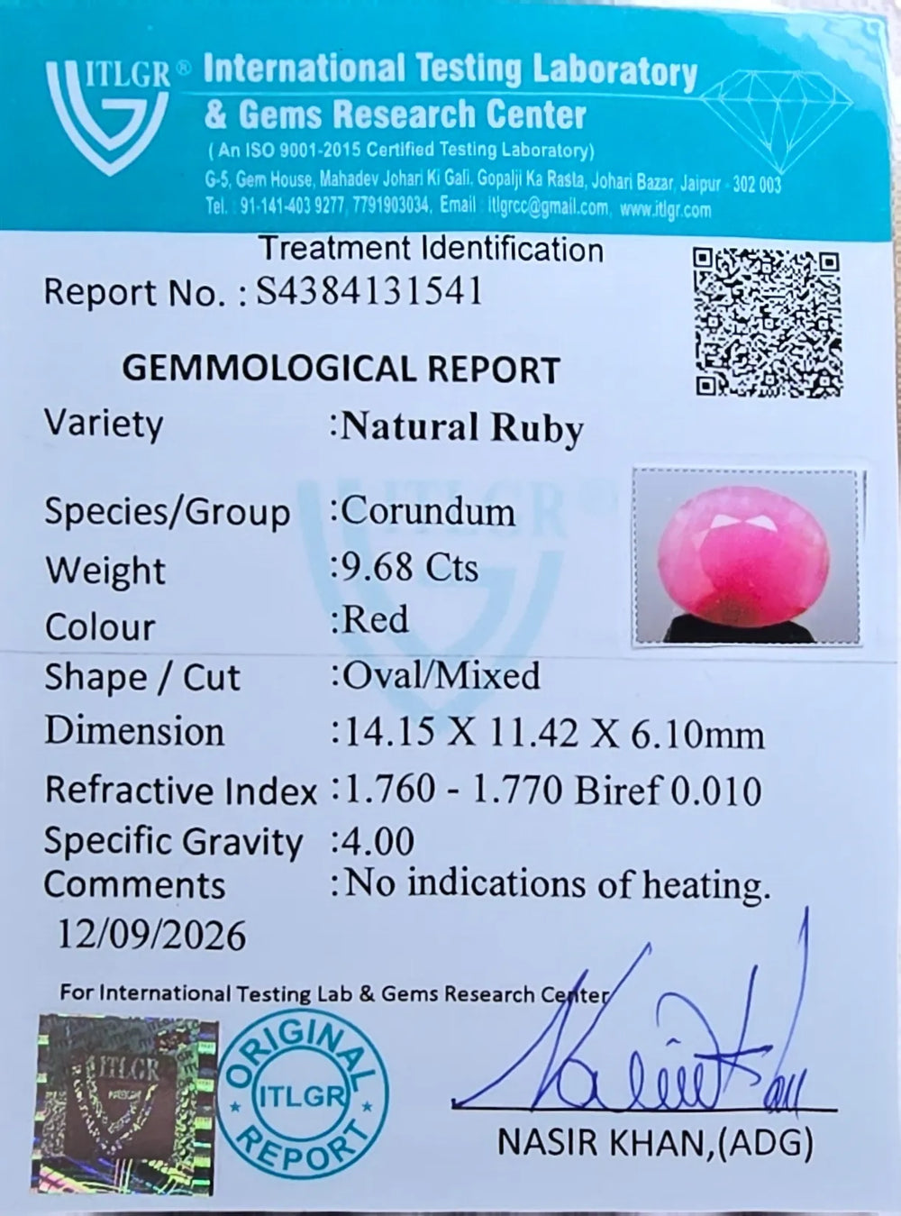 African Ruby (Manik) 9.68 Carat / 10.76 Ratti, Unheated and Untreated – No indications of treatment observed – ITLGR certificate no. 131541