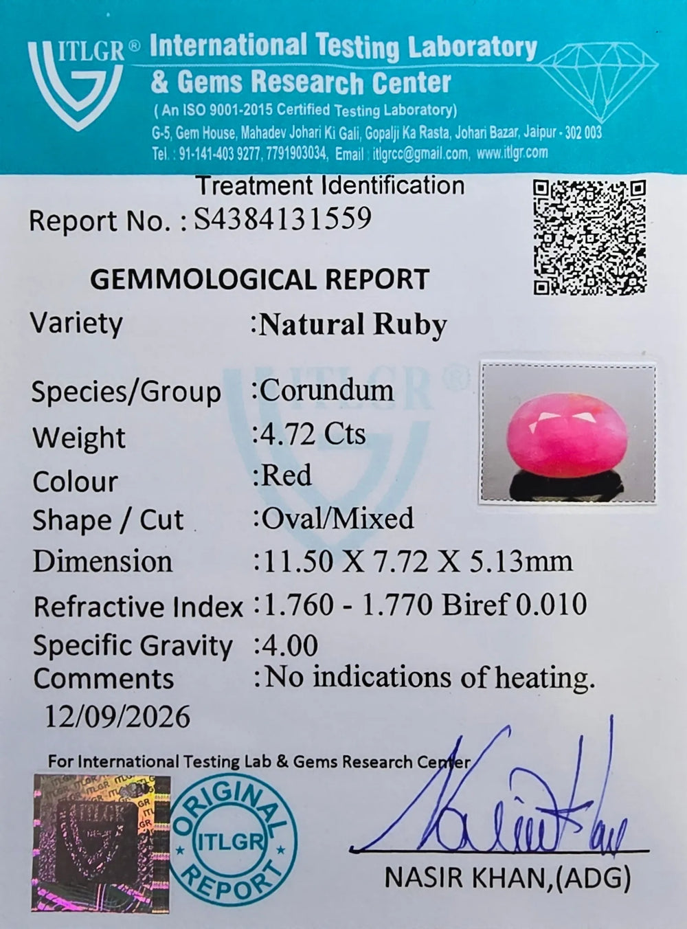 African Ruby (Manik) 4.72 Carat / 5.25 Ratti, Unheated and Untreated – No indications of treatment observed – ITLGR certificate no. 131559