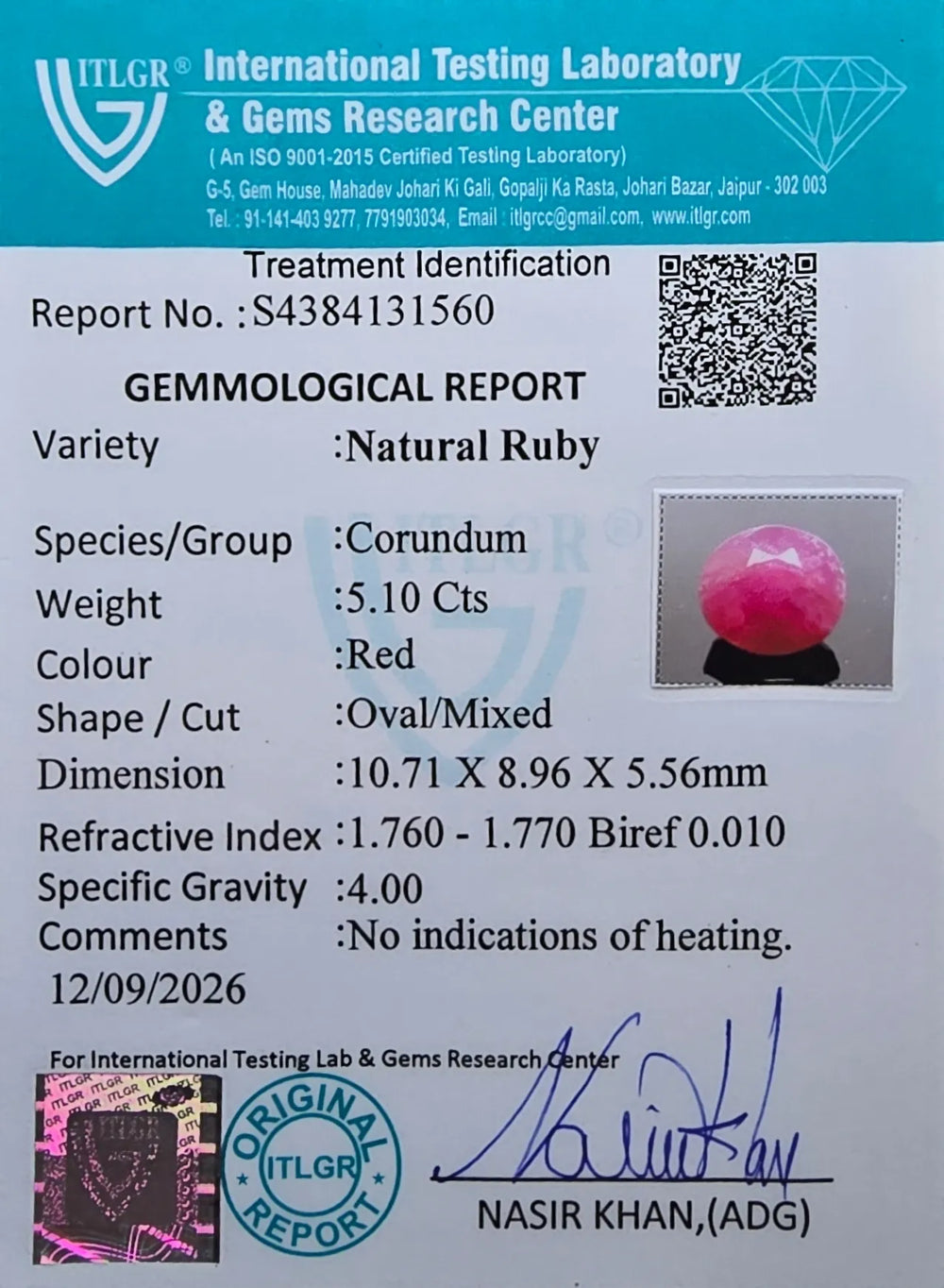 African Ruby (Manik) 5.1 Carat / 5.67 Ratti, Unheated and Untreated – No indications of treatment observed – ITLGR certificate no. 131560