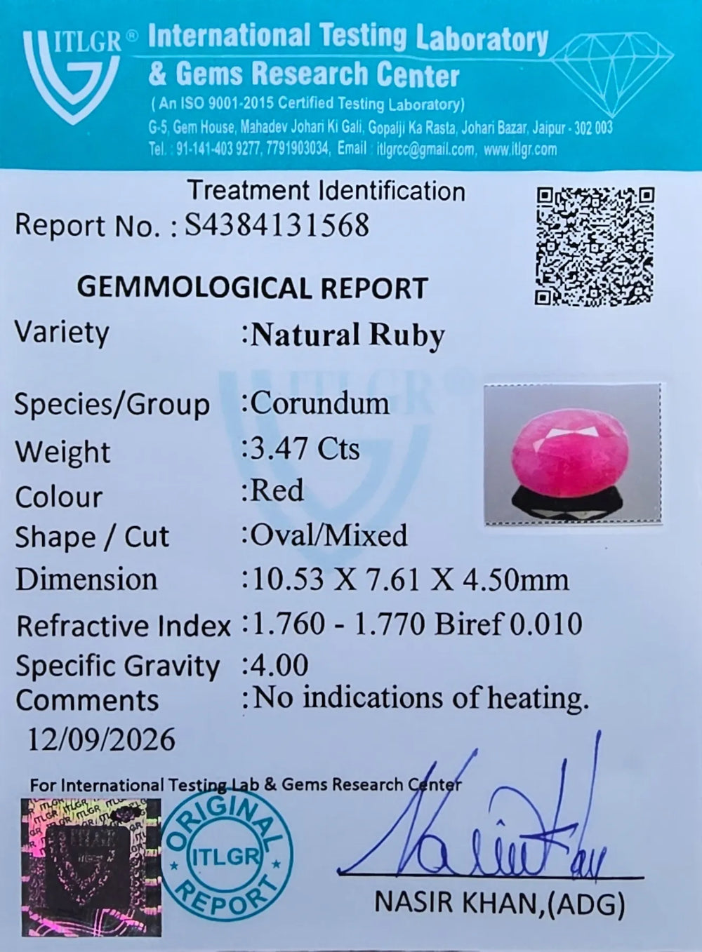 African Ruby (Manik) 3.47 Carat / 3.86 Ratti, Unheated and Untreated – No indications of treatment observed – ITLGR certificate no. 131568