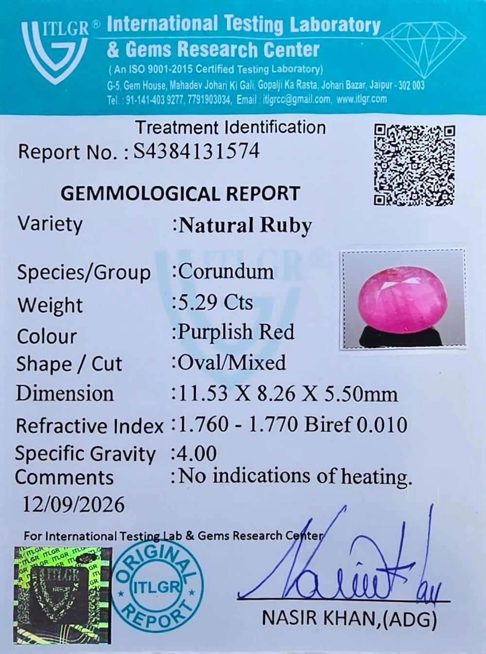 African Ruby (Manik) 5.29 Carat / 5.88 Ratti, Unheated and Untreated – No indications of treatment observed – ITLGR certificate no. 131574