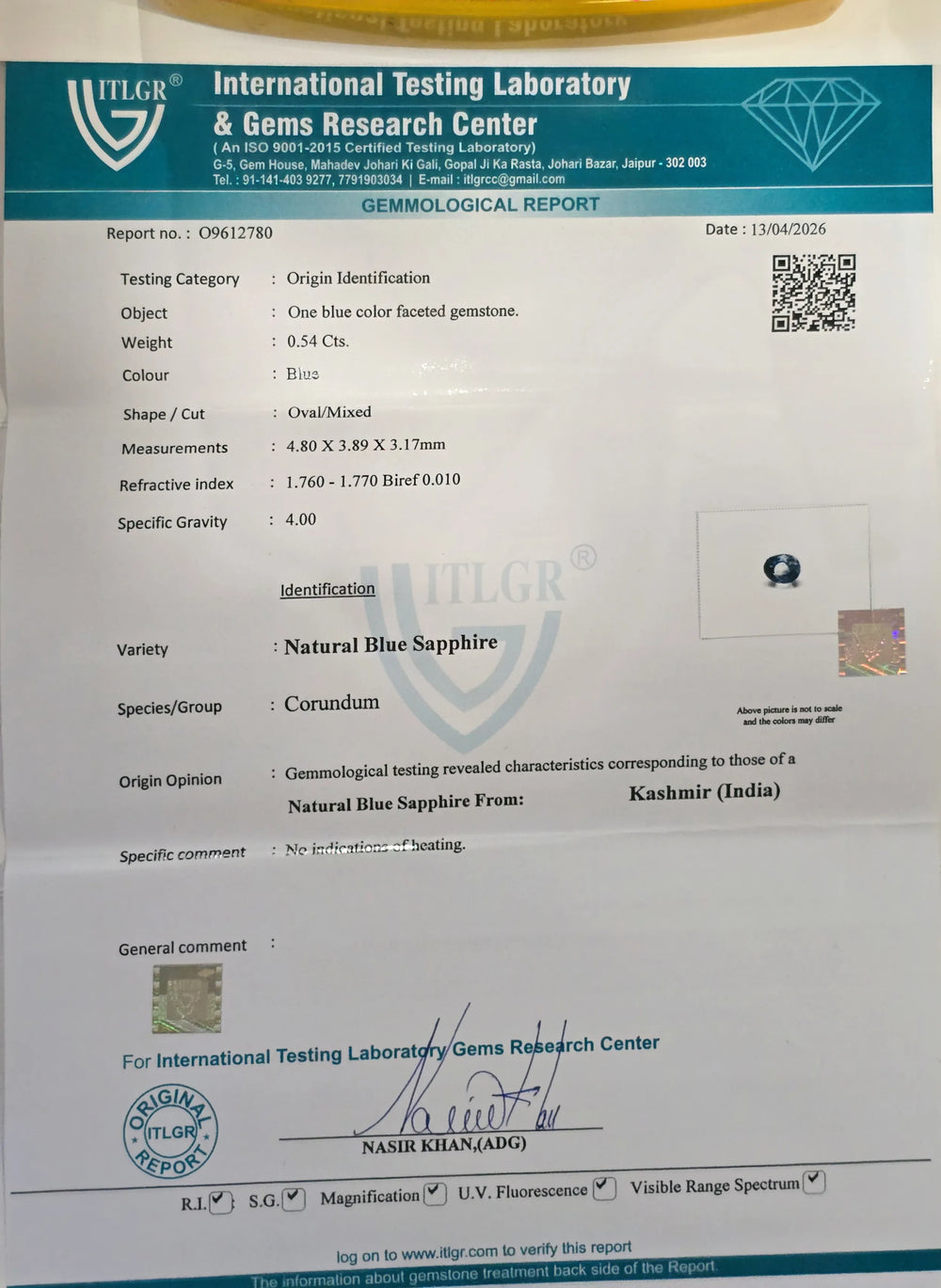 Kashmir Blue Sapphire (Neelam) 0.54 Carat / 0.6 Ratti, Unheated and Untreated – No indications of treatment observed – ITLGR certificate no. 2780