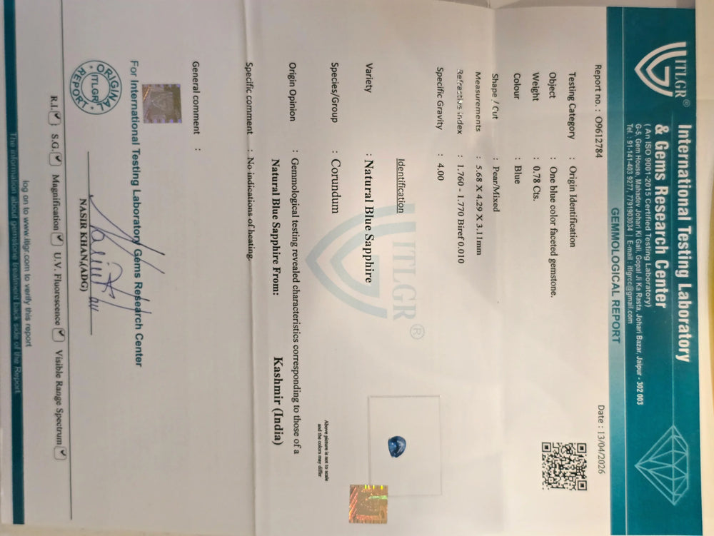 Kashmir Blue Sapphire (Neelam) 0.78 Carat / 0.87 Ratti, Unheated and Untreated – No indications of treatment observed – ITLGR certificate no. 2784
