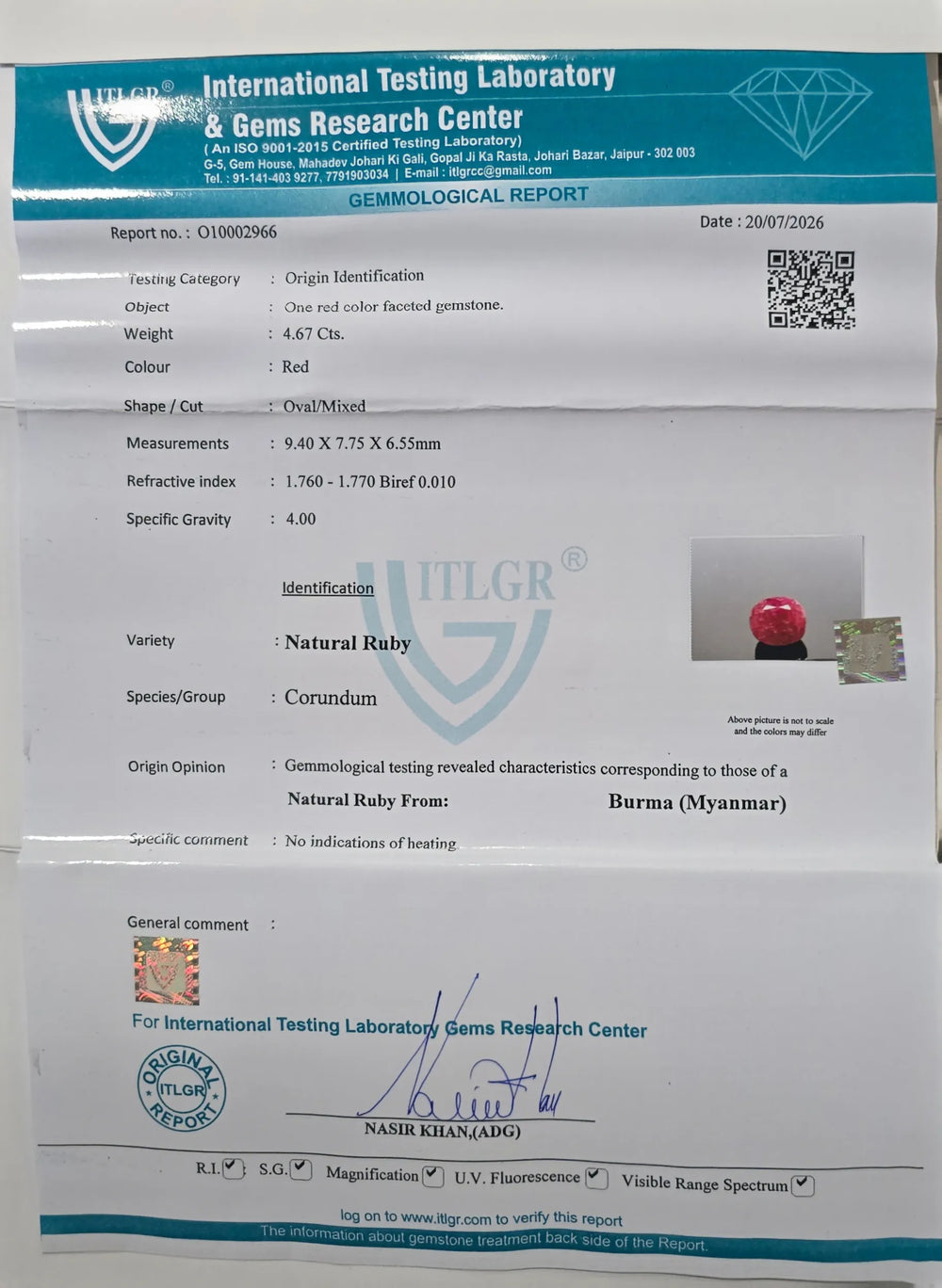 Burmese Ruby (Manik) 4.67 Carat / 5.19 Ratti, Unheated and Untreated – No indications of treatment observed – ITLGR certificate no. 2966